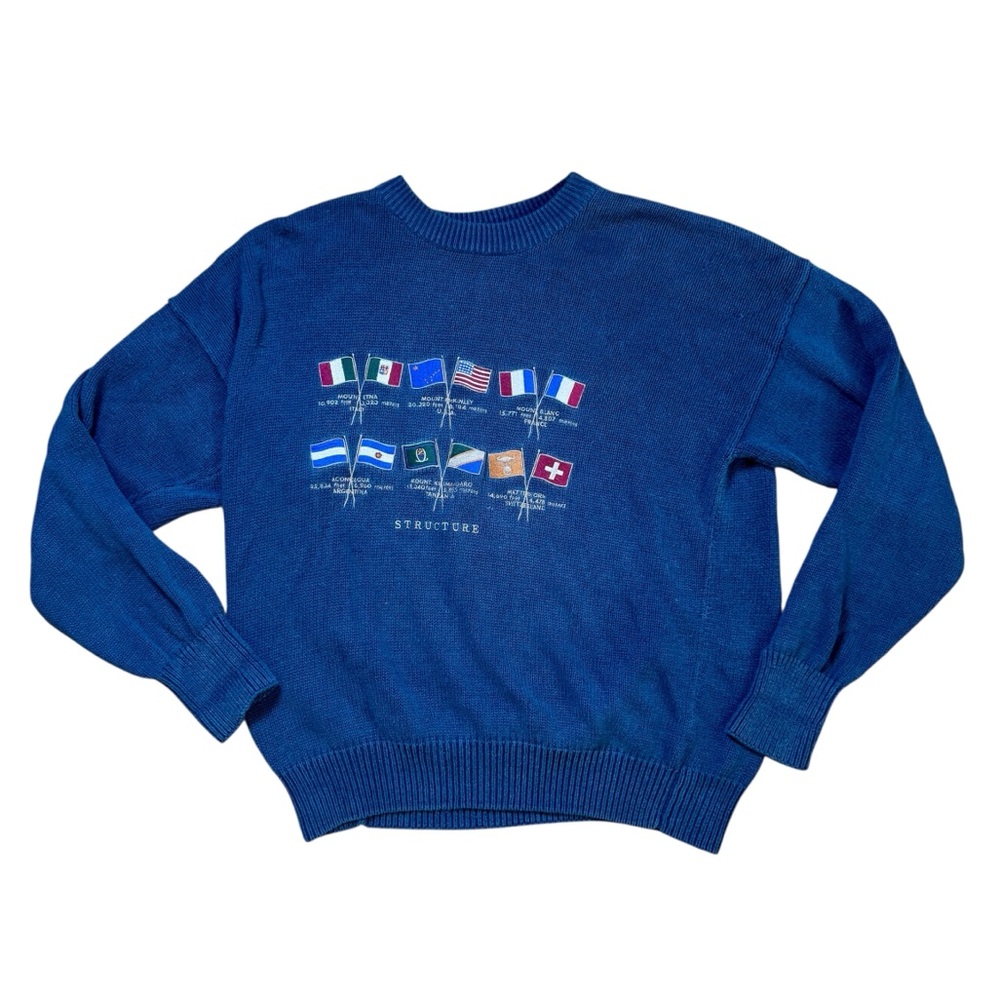 Vintage Structure International Flag Graphic Knit Sweater Blue Ramie Men’s XL